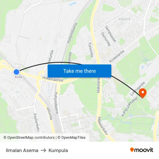 Ilmala Station to Kumpula map