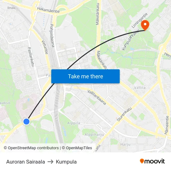 Auroran Sairaala to Kumpula map