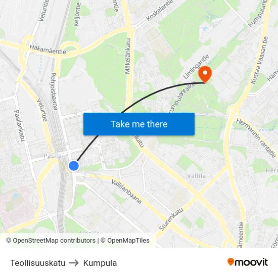 Teollisuuskatu to Kumpula map