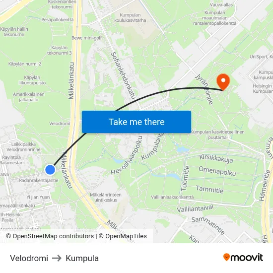 Velodrome to Kumpula map