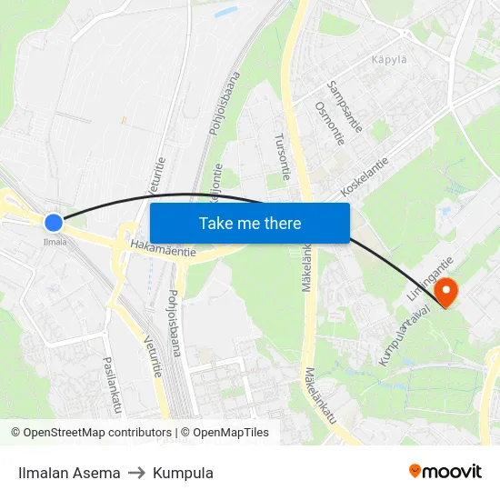 Ilmalan Asema to Kumpula map