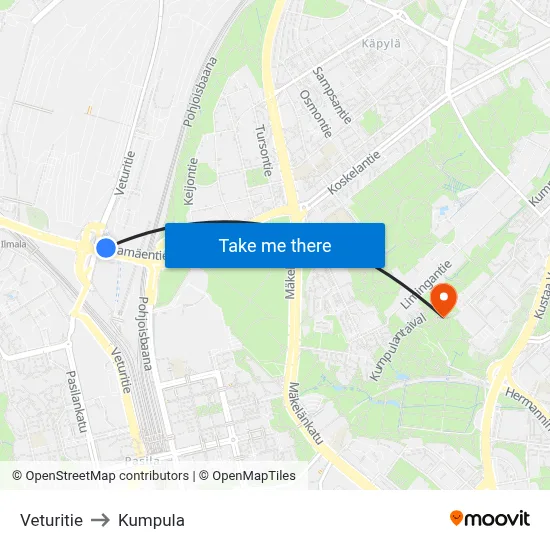 Veturitie to Kumpula map