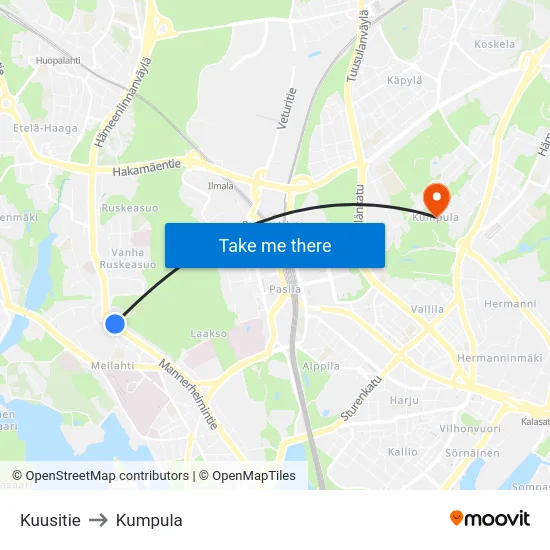 Kuusitie to Kumpula map