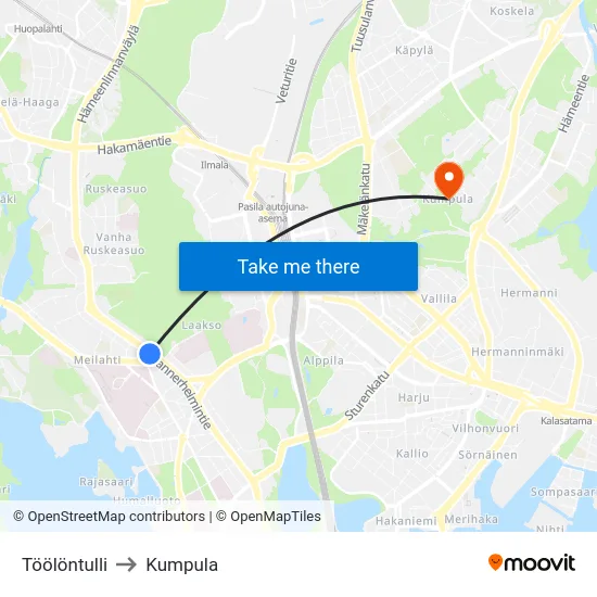 Töölöntulli to Kumpula map