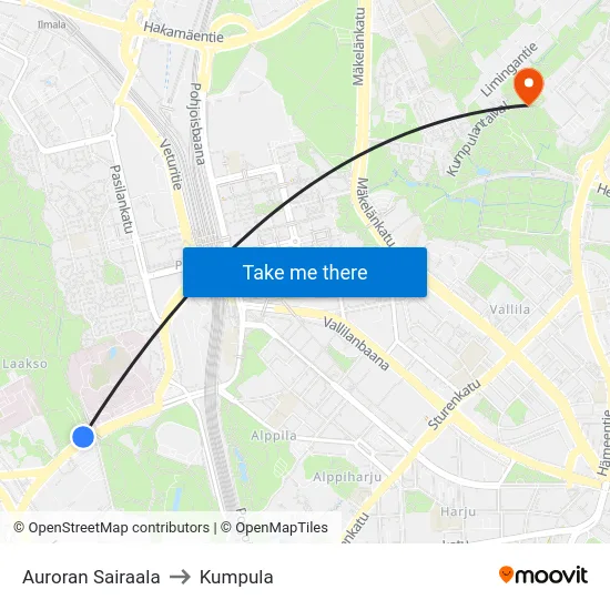 Auroran Sairaala to Kumpula map
