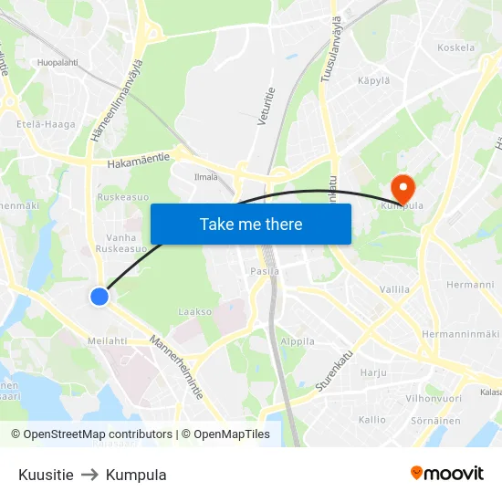 Kuusitie to Kumpula map