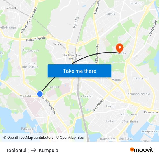 Töölöntulli to Kumpula map