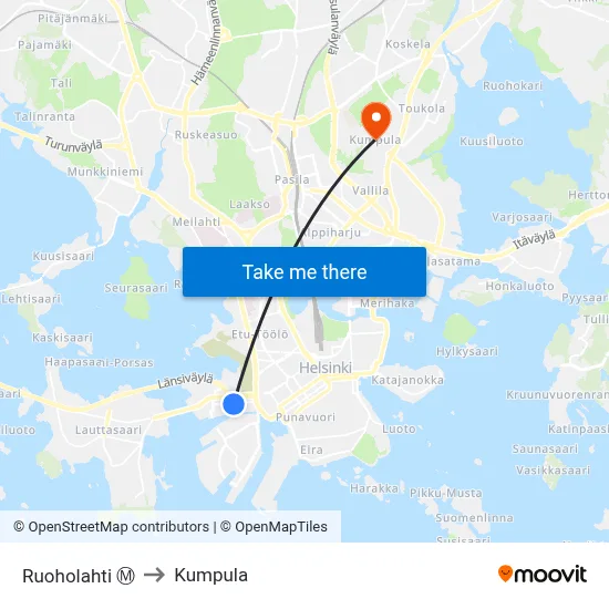 Ruoholahti Ⓜ️ to Kumpula map
