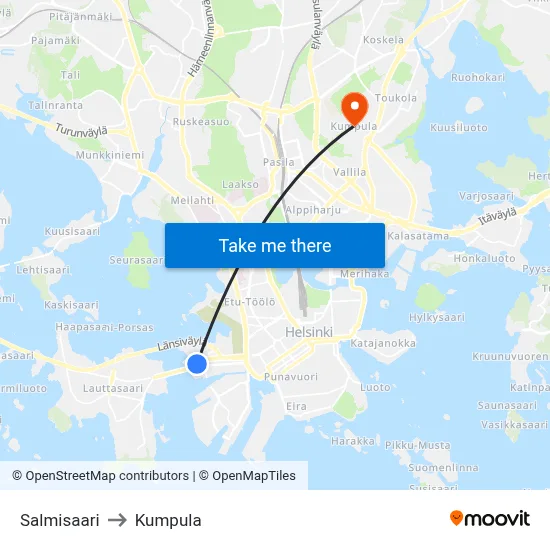 Salmisaari to Kumpula map