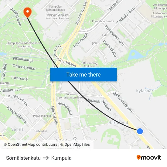 Sornainen Street to Kumpula map