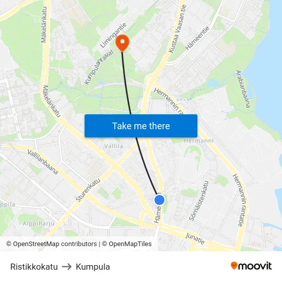 Ristikkokatu to Kumpula map