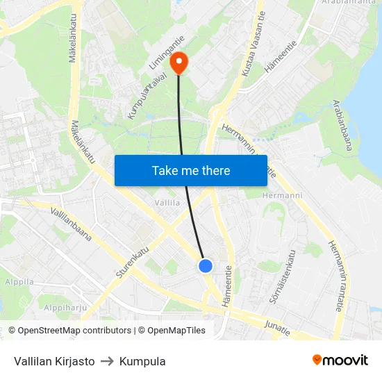 Vallila Library to Kumpula map