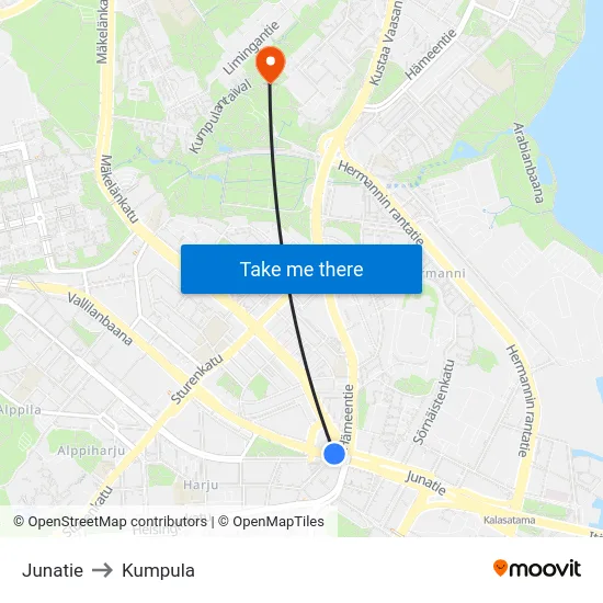 Junatie to Kumpula map