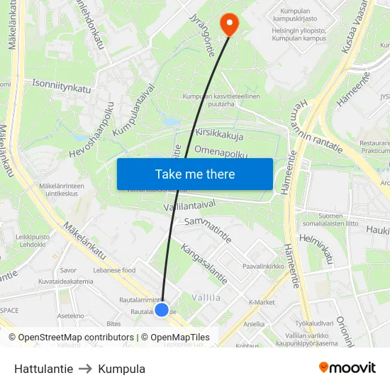 Hattulantie to Kumpula map