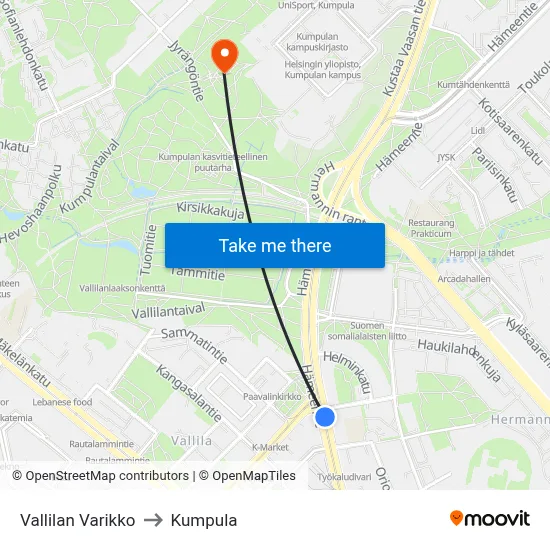 Vallila Depot to Kumpula map