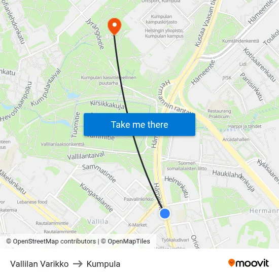 Vallila Depot to Kumpula map