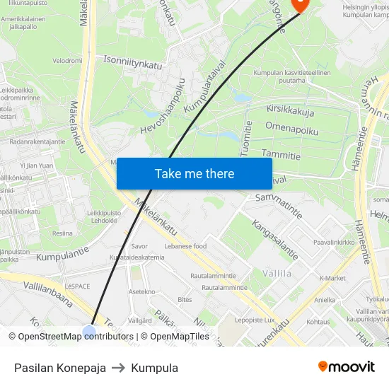 Pasilan Konepaja to Kumpula map