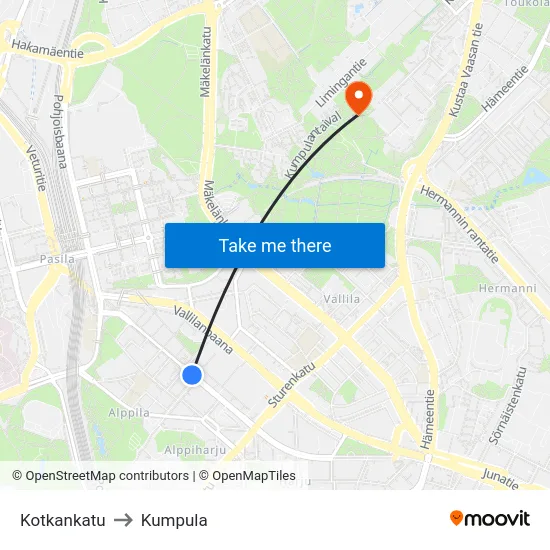 Kotkankatu to Kumpula map
