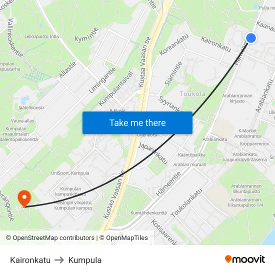 Kaironkatu to Kumpula map