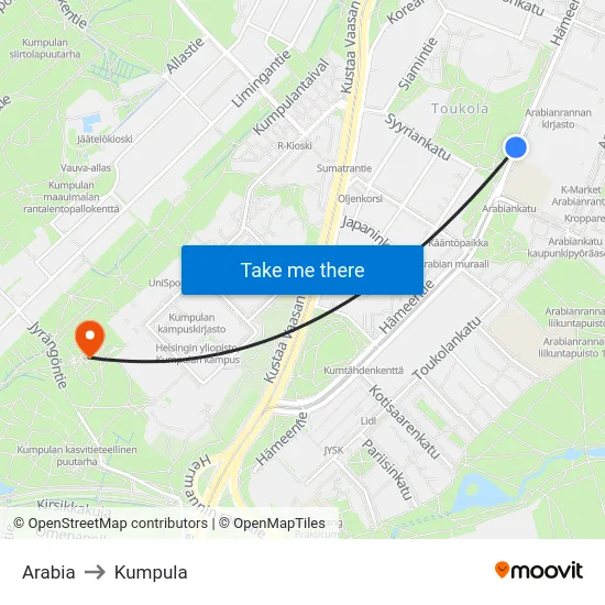 Arabia to Kumpula map