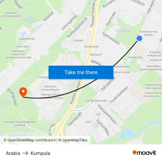 Arabia to Kumpula map