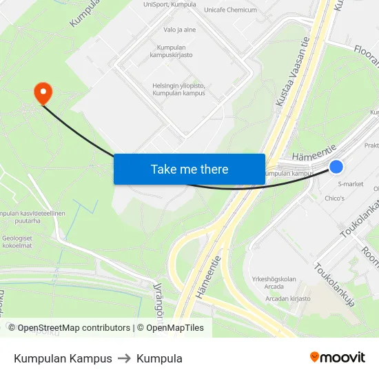 Kumpulan Kampus to Kumpula map