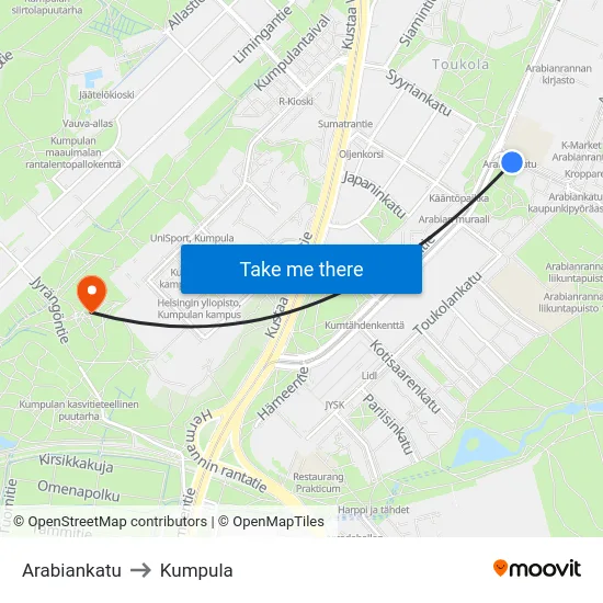 Arabiankatu to Kumpula map