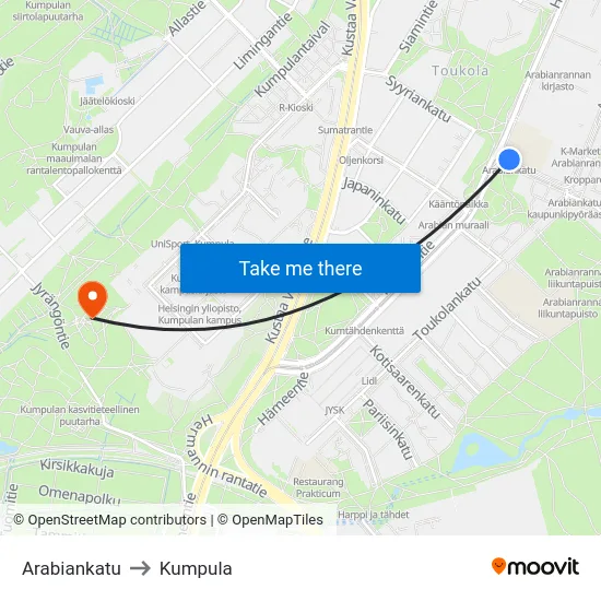 Arabiankatu to Kumpula map