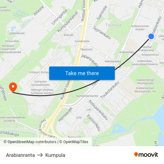 Arabianranta to Kumpula map