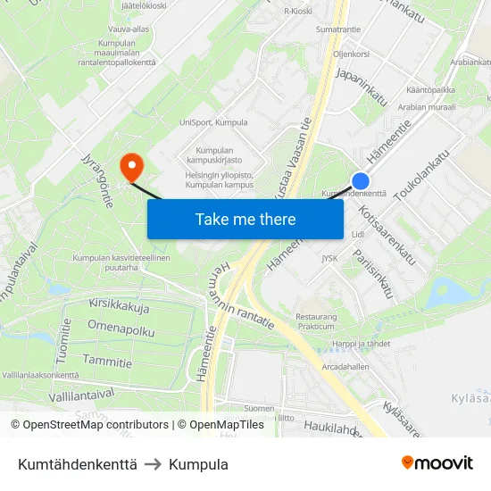 Kumtähdenkenttä to Kumpula map