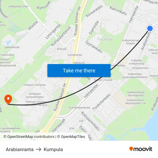 Arabianranta to Kumpula map
