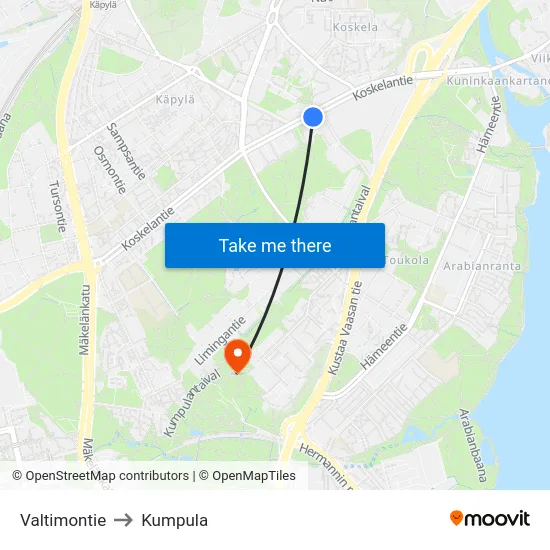 Valtimontie to Kumpula map