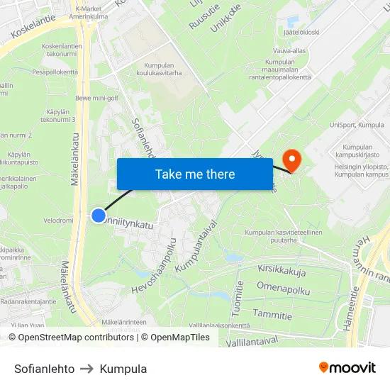 Sofianlehto to Kumpula map