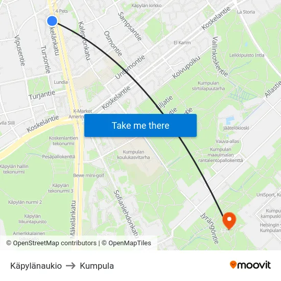 Käpylänaukio to Kumpula map