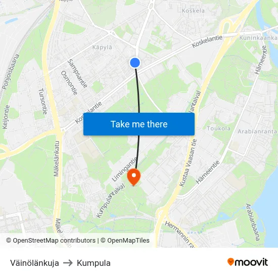 Väinölänkuja Lane to Kumpula map