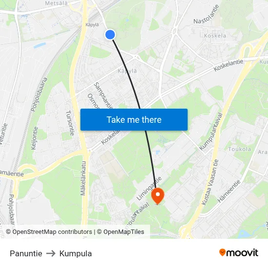 Panuntie to Kumpula map