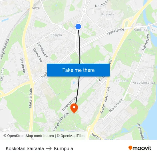 Koskelan Sairaala to Kumpula map