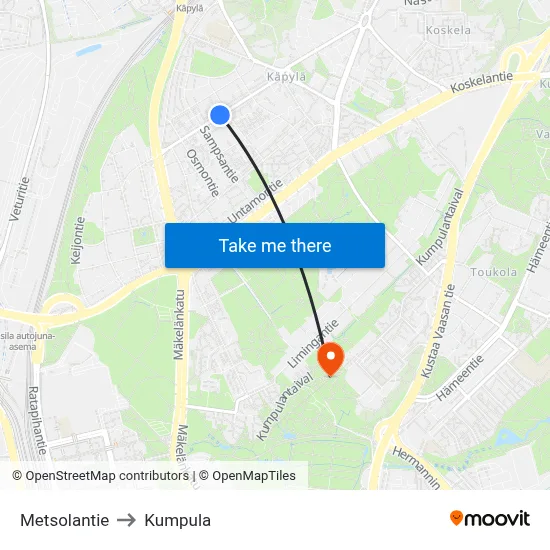 Metsola Road to Kumpula map