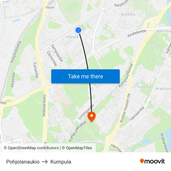 Pohjolanaukio to Kumpula map