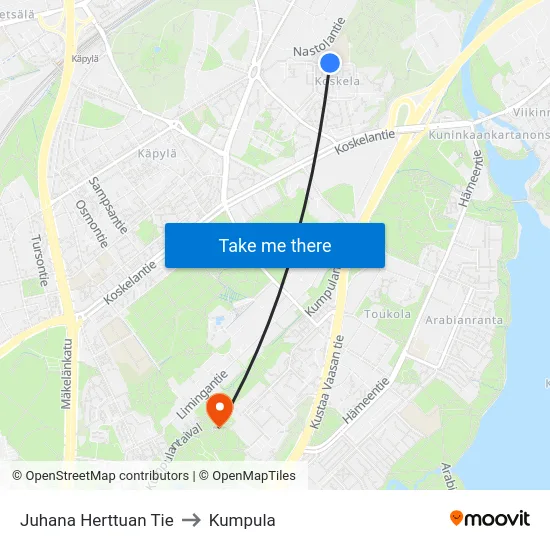 Juhana Herttuan Tie to Kumpula map