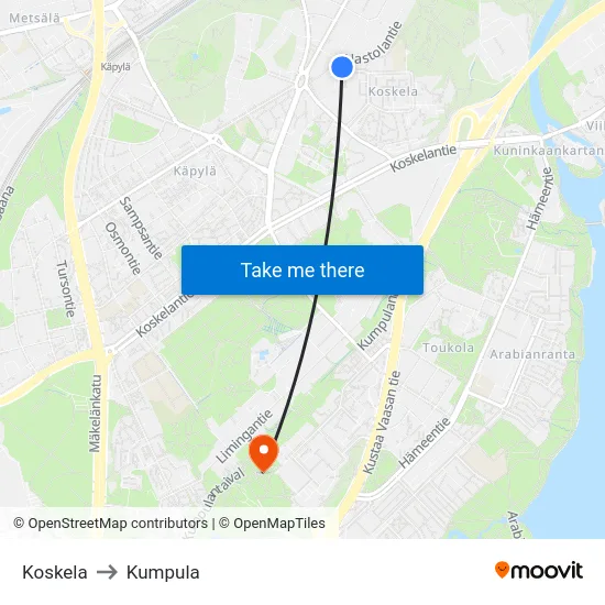 Koskela to Kumpula map
