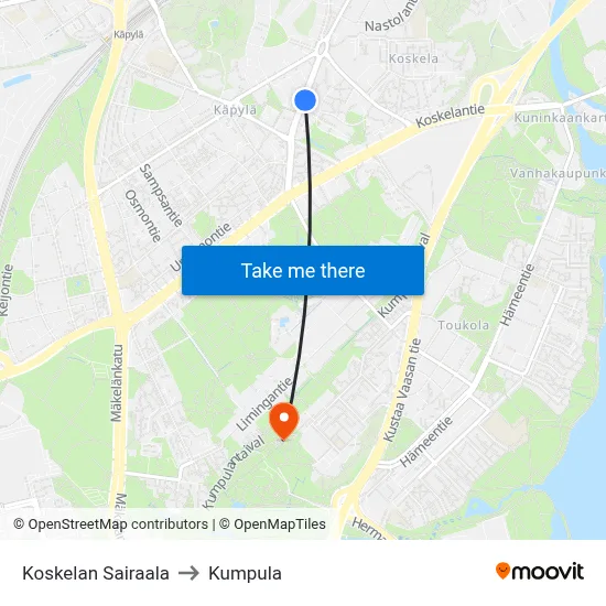 Koskela Hospital to Kumpula map