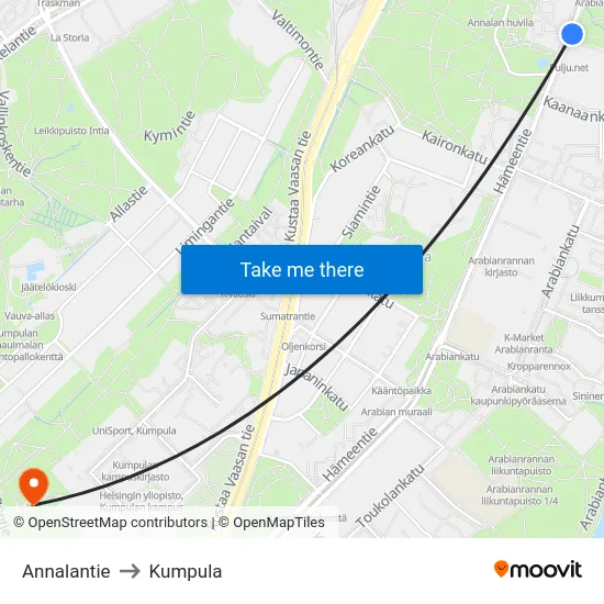 Annalantie to Kumpula map