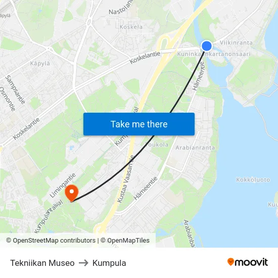 Tekniikan Museo to Kumpula map