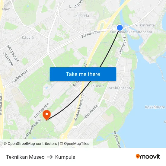 Museum of Technology to Kumpula map