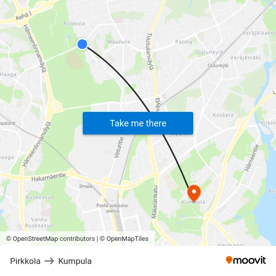 Pirkkola to Kumpula map