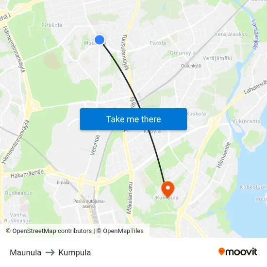 Maunula to Kumpula map