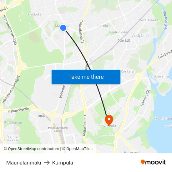 Maunulanmäki to Kumpula map