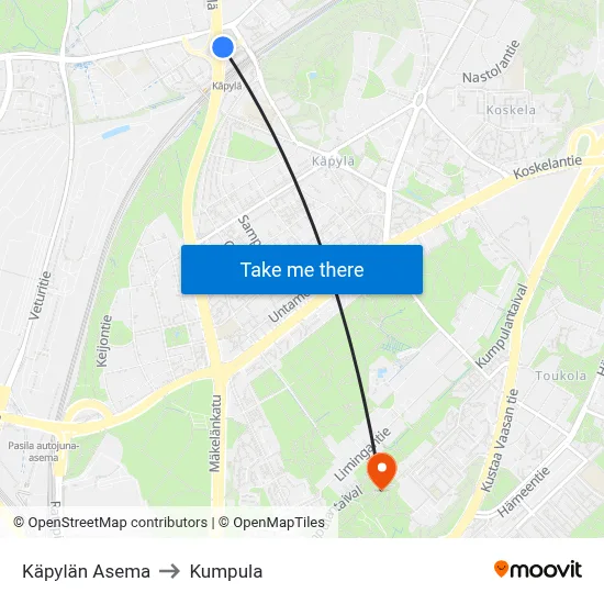 Käpylä Station to Kumpula map