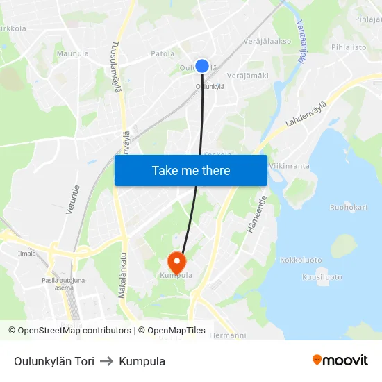 Oulunkylä Square to Kumpula map